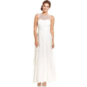Adrianna Papell White Chiffon Embellished Gown Ruffles Size 14